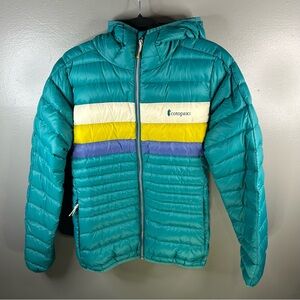 Cotopaxi Teal Puffer Jacket with Yellow and Blue Stripes